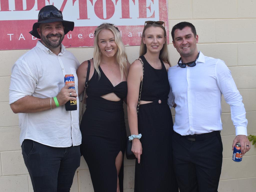 Gordon and Tayla Stratford and Amy and Dylan Wells at the Yeppoon Turf Club's Derby Day races at Keppel Park Racecourse on November 2, 2024.