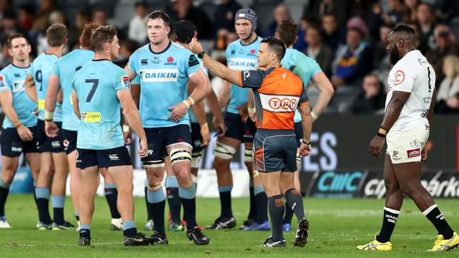Jed Holloway of the Waratahs receives a red card during the round 11 Super Rugby match between the Waratahs and Sharks at Bankwest Stadium. Picture: Mark Metcalfe/Getty Images