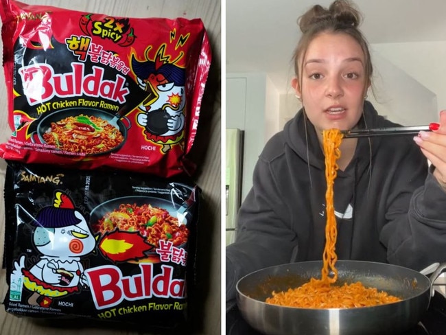 Demark mocked for recalling Korean ramen for being too spicy. Picture: TikTok/@ellasavoiee