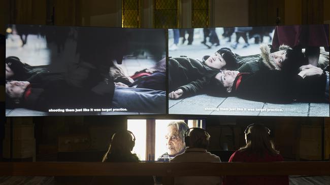 A scene from an exhibit by Japanese artist Meiro Koizumi, titled The Angels of Testimony, located inside Black Temple Gallery, Hobart during Dark Mofo 2022, the annual winter art and music festival. Picture: Remi Chauvin / Dark Mofo