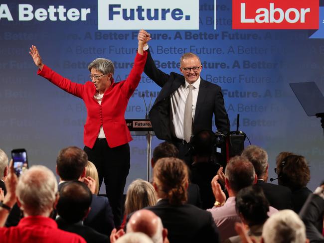 Penny Wong and Labor leader Anthony Albanese at the Labor Party launch. Picture: Liam Kidston.