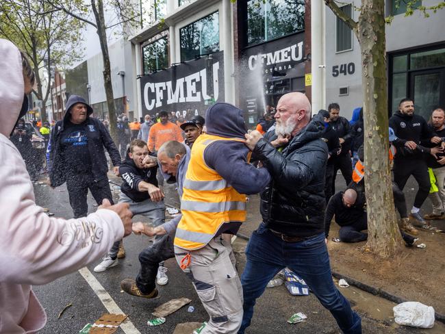 Two men face off during the construction worker protest. Picture: David Geraghty