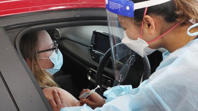 Australia's first drive-through Covid-19 vaccination in Melton, Victoria. Picture: NCA NewsWire / David Crosling