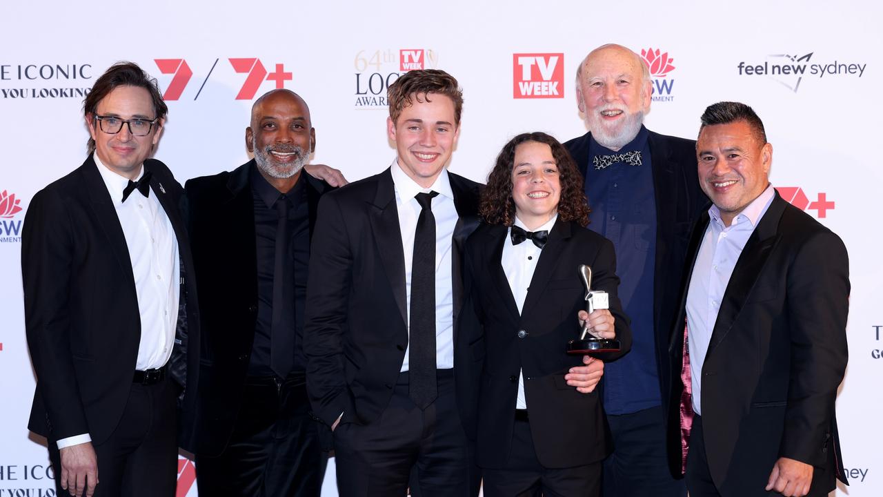 Cast and crew of television show Boy Swallows Universe pose with the Logie Award for Best Miniseries or Telemovie at the 64th TV WEEK Logie Awards at The Star. Picture: Getty