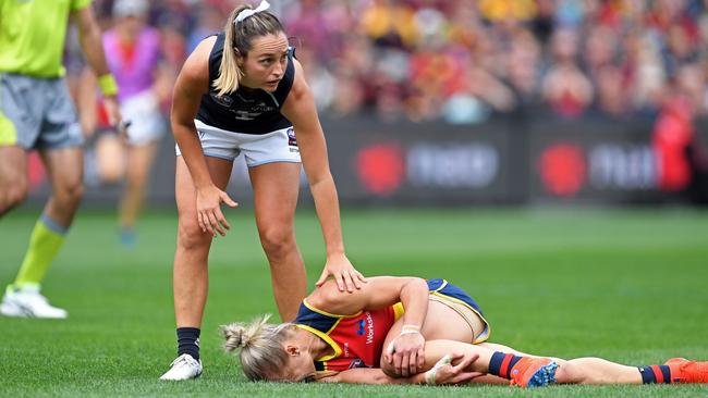 Phillips injured during an AFLW match against Carlton. Picture: Tom Huntley