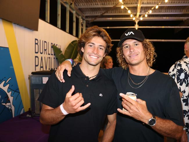 Marco Mignot and Henere Harrys at the WSL Gold Coast Pro 2025 after party at Burleigh Pavilion for Gold Coast at Large. Picture, Portia Large.