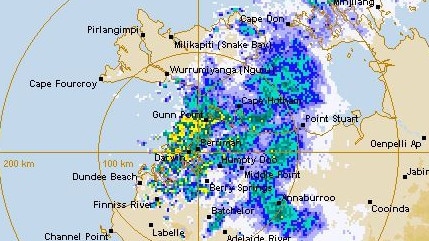 A Bureau of Meteorology radar image showing the rain storms covering the Top End on Friday morning