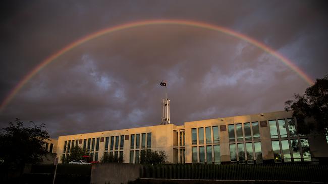 Treasurer Josh Frydenberg will be hoping there’s a pot of gold at the end of this rainbow over Parliament House. Picture: Gary Ramage