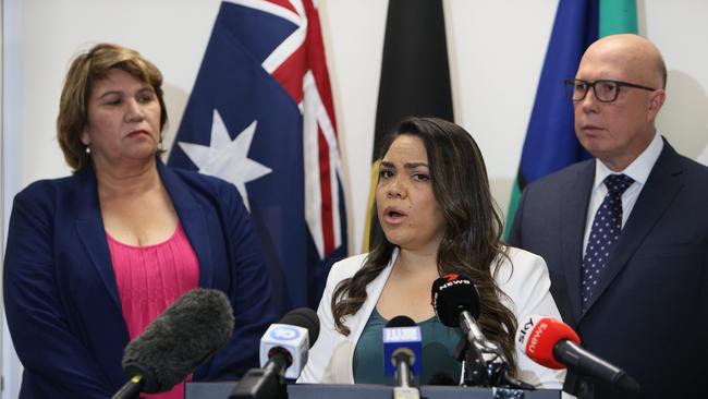 Peter Dutton, Kerrynne Liddle and Jacinta Price at a press conference in Adelaide. Picture: NCA/NewsWire Emma Brasier