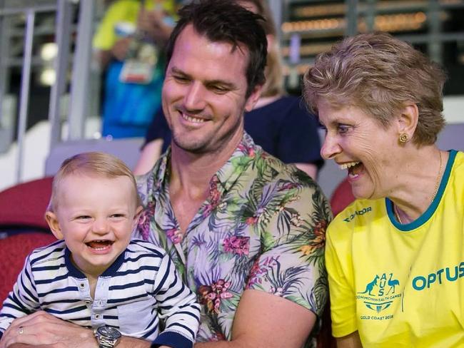 Laura Geitz shared an image of her son Barney, husband Mark and mother Juanita watching on in the stands at the Gold Coast Commonwealth Games on Sunday. Picture: @lmgeitz / Instagram