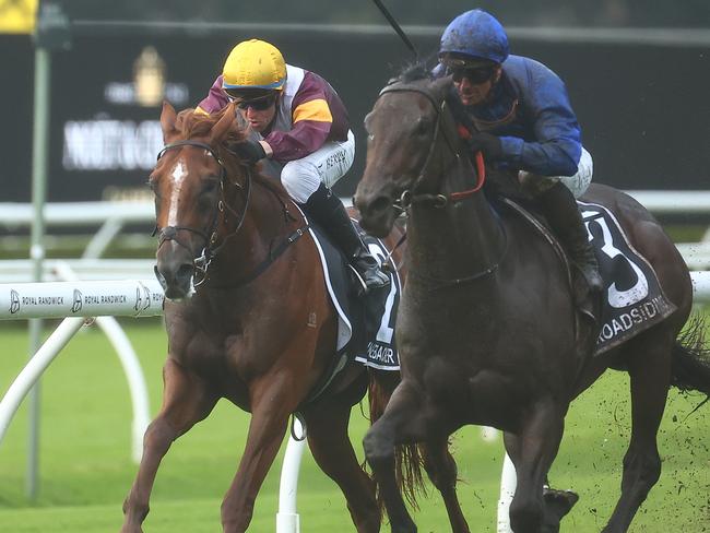 SYDNEY, AUSTRALIA - APRIL 20: James Mcdonald riding Broadsiding wins Race 7 Moet & Chandon Champagne Stakes during Sydney Racing at Royal Randwick Racecourse on April 20, 2024 in Sydney, Australia. (Photo by Jeremy Ng/Getty Images)