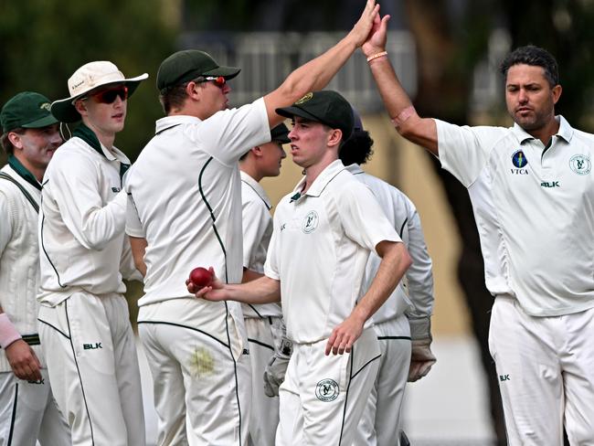 Yarraville ClubÃs Mitchell Johnstone celebrates during the VTCA Yarraville Club v Deer Park Grand Final cricket match in West Footscray, Saturday, March 25, 2023.Picture: Andy Brownbill