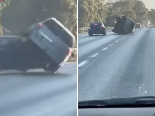 Horrified onlookers watched as a car mounted another before flipping onto its roof in an insane case of road rage.