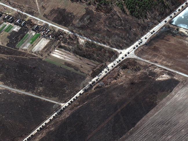 A military convoy along a highway, north of Ivankiv, Ukraine. Picture: Maxar Technologies