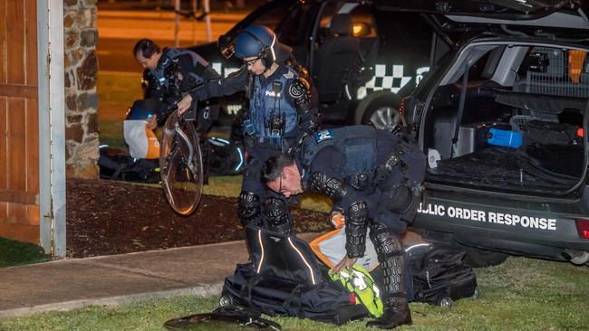 Riot police gather near Lonzo Park in response to last year’s incident. Picture: Jason Edwards