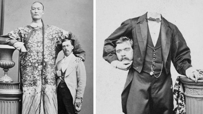 The strange story of the world-famous Gippsland giants. The Melbourne waxworks hosted amusements and sideshows including ‘Chang the Giant’, left, and illusionists. Pictures: State Library of Victoria