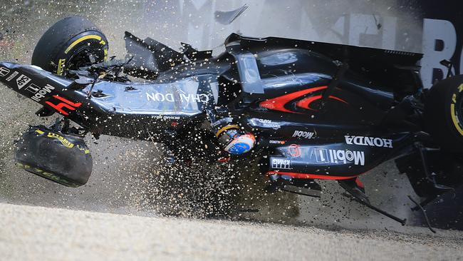 2016: Fernando Alonso walked away from one of the most horrifying crashes in Albert Park history, completely destroying his car on lap 17 of the Albert Park Grand Prix. Picture: Alex Coppel