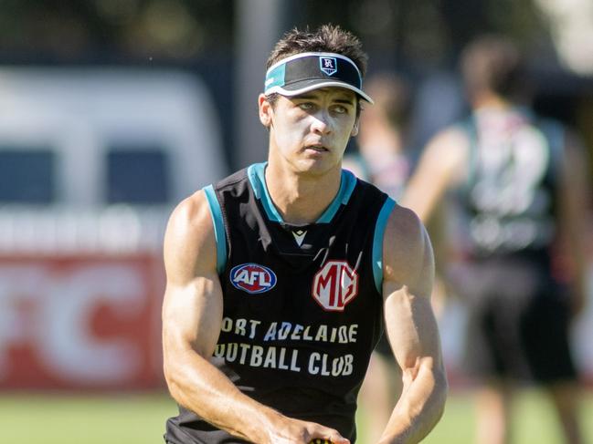 March 12, 2025:  Connor Rozee at Port Adelaide training at Alberton. Picture: Kelly Barnes