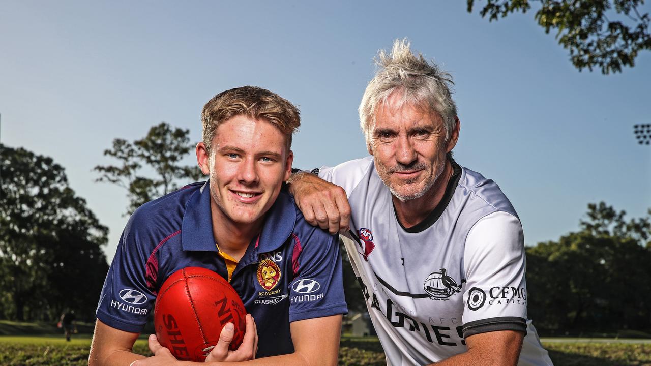 Jaspa Fletcher and his father, former Brisbane Lions and Brisbane Bears player, Adrian. Picture: Zak Simmonds