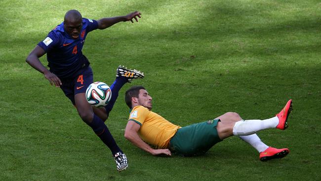 Natherlands defender Bruno Martins Indi faces Australia at the 2014 World Cup.