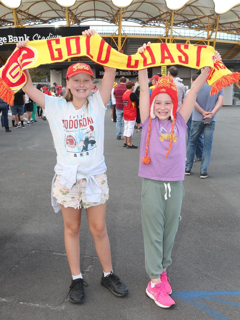 The Gold Coast Suns will host its first AFLW final when they take on the Sydney Swans on Saturday night. Eleanor and Elaina Turner. 11 November 2023 Carrara Picture by Richard Gosling