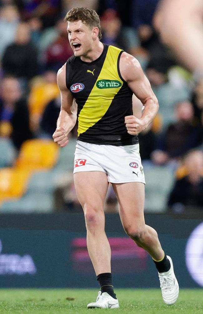 He is growing trust in his body after several injury setbacks have slowed down his progress as a Tiger. Picture: Russell Freeman/AFL Photos via Getty Images