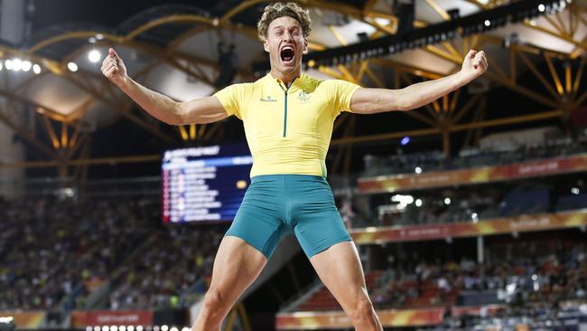 Australia’s Kurtis Marschall celebrates in the athletics men's pole vault final during the 2018 Gold Coast Commonwealth Games. Picture: AFP Photo