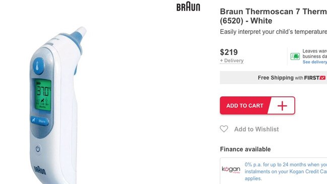 The Braun Thermoscan 7 Thermometer 6250 is being sold for $219 at one retailer but is available for just $120 elsewhere. Picture: Supplied