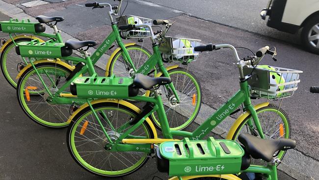 A line of Lime bikes at the weekend