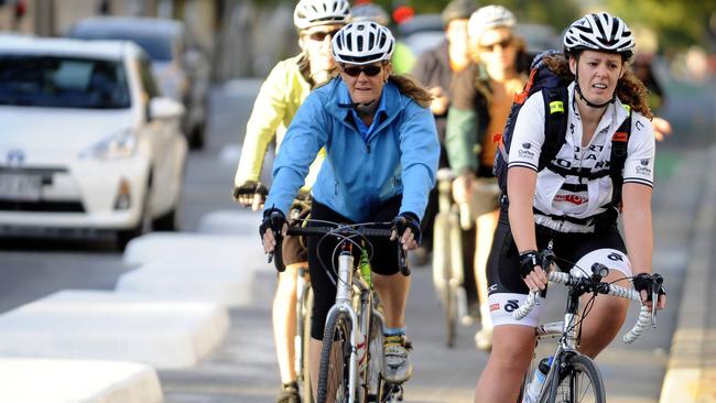 Cyclists head down the Frome St bike line in 2014. Pic: Noelle Bobrige