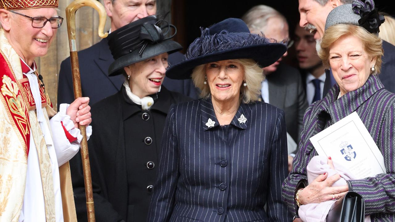 Princess Anne, Princess Royal, Queen Camilla and Greece's former Queen Anne-Marie leave after attending a thanksgiving service for the life of King Constantine of the Hellenes, at St George's Chapel at Windsor Castle on February 27, 2024. (Photo by Chris Jackson / POOL / AFP)