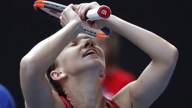 A relieved Simona Halep after her win over Angelique Kerber. Picture: AP