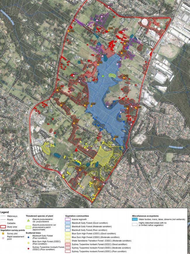 The South Dural development proposal area with sections of native forest shown