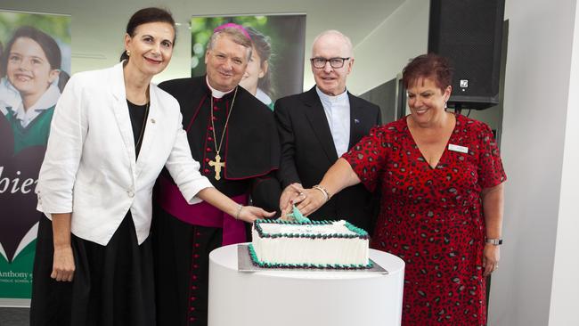 NSW Senator Concetta Fierravanti-Wells, Archbishop Anthony Fisher, Parish Priest Father Bob Hayes and St Anthony of Padua College principal Lea De Angelis. Picture: Genah Karagiannis, Sydney Catholic School