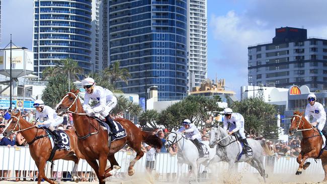 The Magic Millions Barrier Draw including horses galloping down Surfers Paradise Beach. Pic Tim Marsden