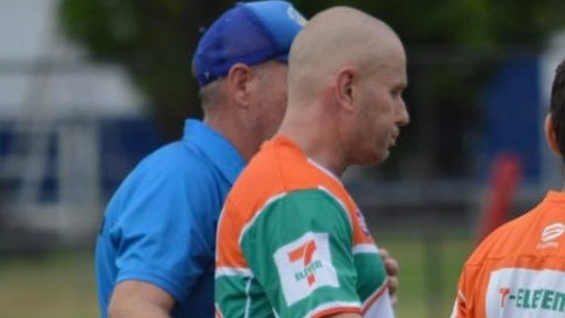 Referee Brian Roper is helped off the field after receiving the throat injury in April. Picture: supplied