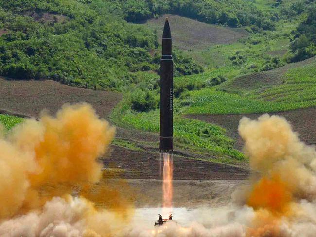 This photo distributed by the North Korean government shows what was said to be the launch of a Hwasong-14 intercontinental ballistic missile. Picture: Korean Central News Agency/Korea News Service via AP