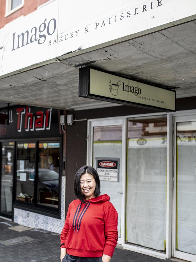 Imago owner May Xin outside her popular Hobart bakery in Elizabeth St, just before it reopened late last year after an 18-month closure. Picture Eddie Safarik