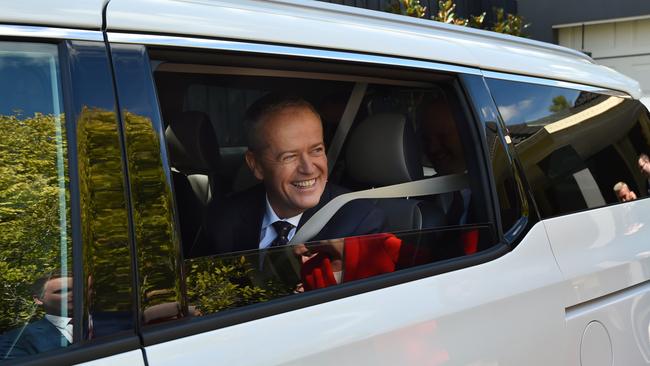 Opposition Leader Bill Shorten leaves the Davis family home in Mitcham. Picture: Getty Images