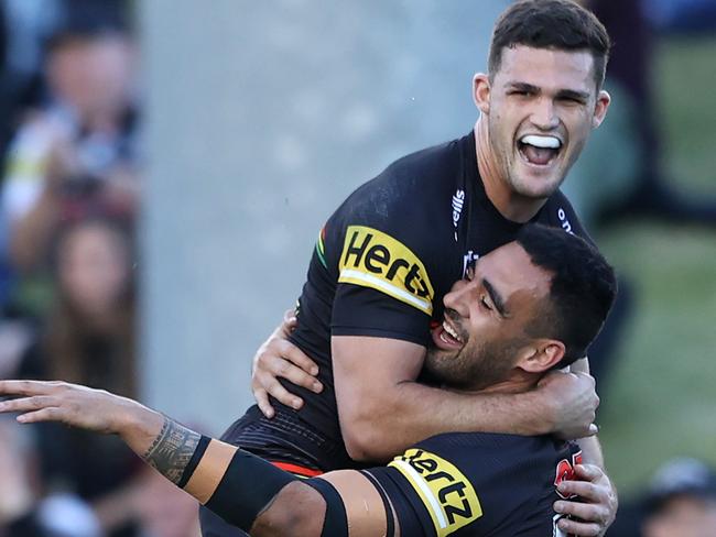 Tyrone May celebrates with Nathan Cleary after scoring a try for the Panthers. Picture: Getty Images