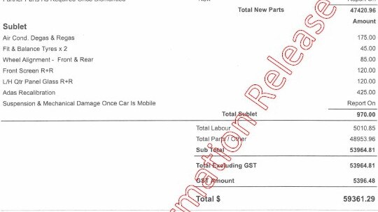 An RTI document outlining some of the estimated costs, which totalled $59,361 to replace the mayor’s crashed car.