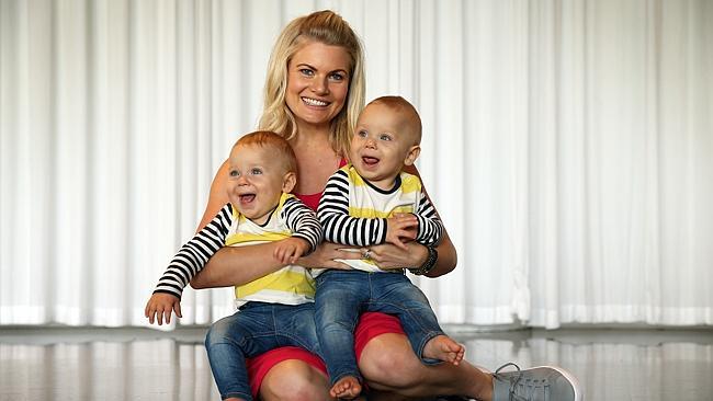 Home and Away’s Bonnie Sveen cuddles up to her twin co-stars Sebastian (left) and Xavier Sloan. Picture: Sam Ruttyn