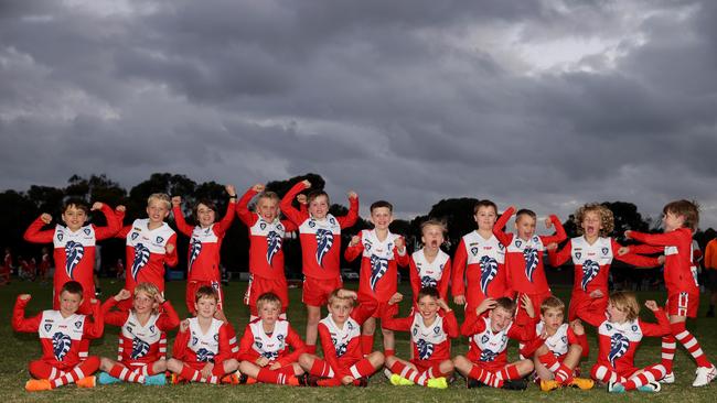 Ocean Grove Allan under-9 football team pull their funniest faces. Picture: Alison Wynd