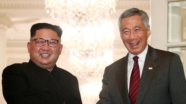 North Korea's leader Kim Jong-un with Singapore's Prime Minister Lee Hsien Loong. Picture: Reuters