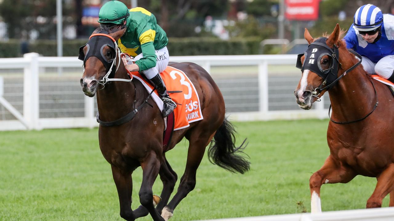 Ole Kirk winning the Caulfield Guineas. Picture: George Salpigtidis