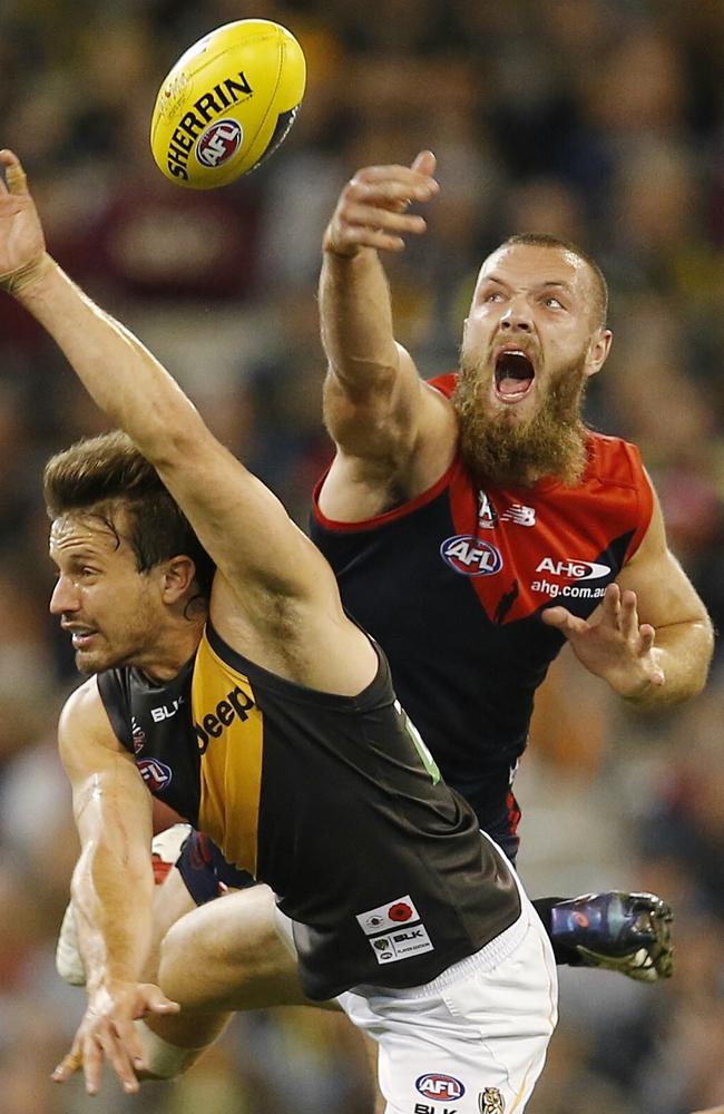 Max Gawn wins a centre bounce duel against Richmond’s Ivan Maric last Sunday. Picture: Michael Klein