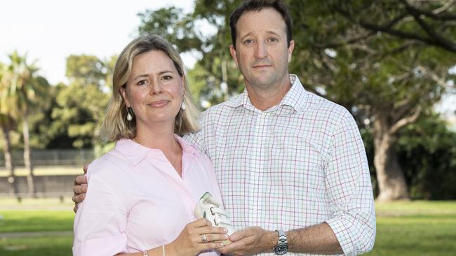 Elouise and Danny Massa, parents of two-year-old Joe, who died after negligence at Northern Beaches Hospital, pictured with their son’s shoe after meeting with Premier Chris Minns. Picture: NewsWire / Monique Harmer