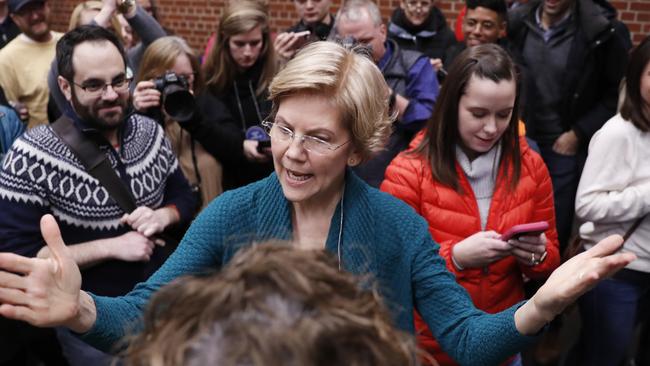 Elizabeth Warren speaks at a caucus at Roosevelt Hight School in Des Moines, Iowa. Picture: AP