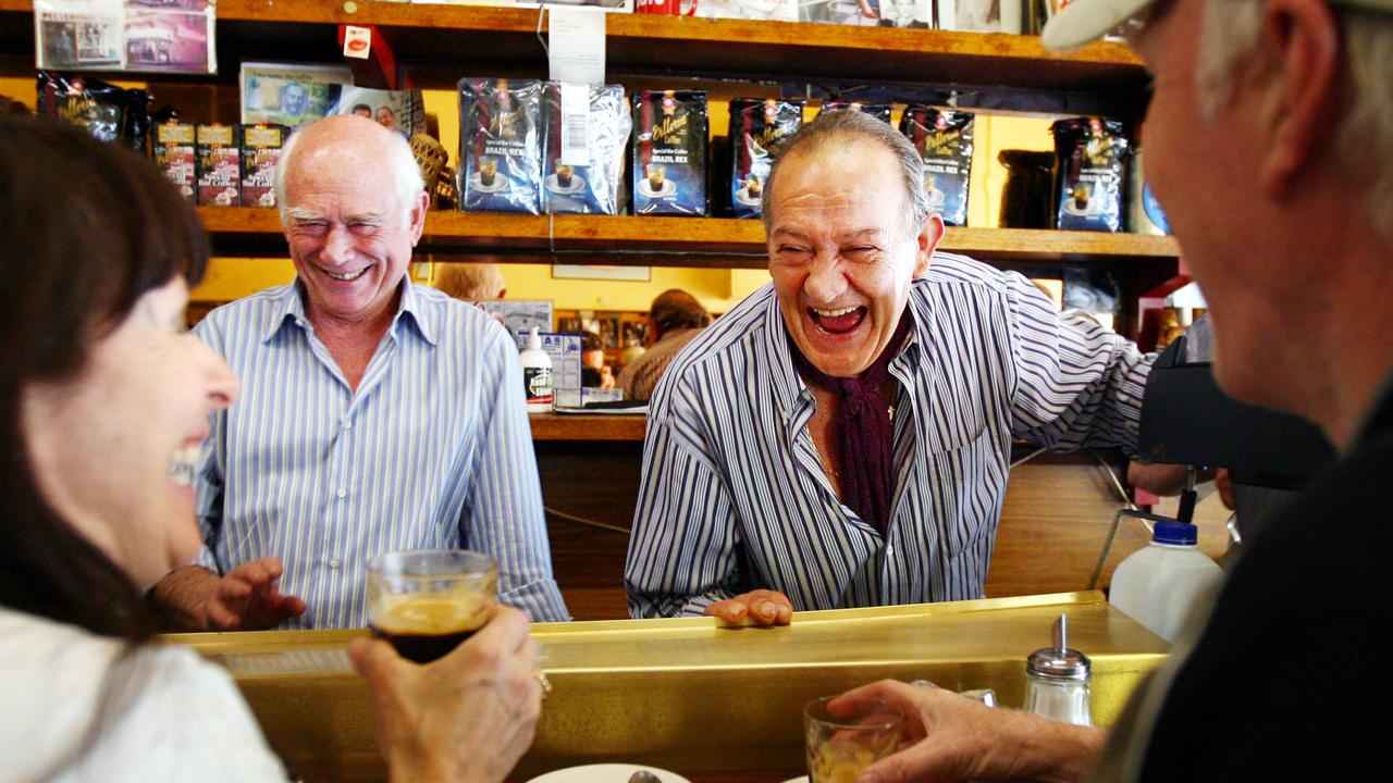 Business partners Nino Pangrazio (left) and Sisto Malaspina (right) at Pellegrini's cafe in Melbourne, Victoria in 2010.