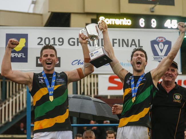 MPNFL Division 1 grand final: Sorrento v Dromana. Dromana coach and captain with the cup. Picture: Valeriu Campan